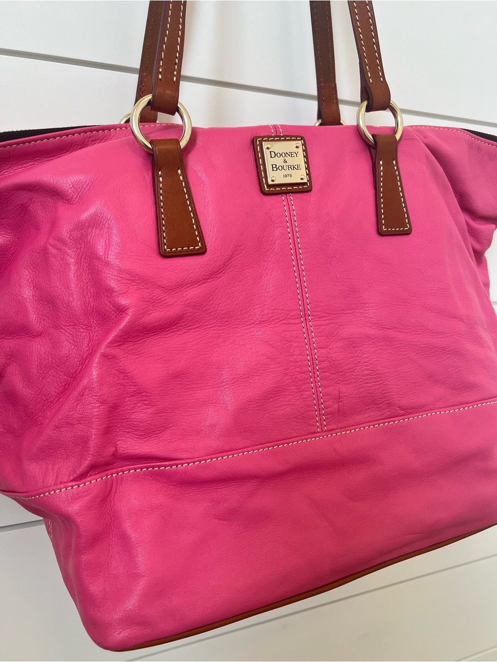 Dooney & Bourke Hot Pink Leather Tote with Brown Straps